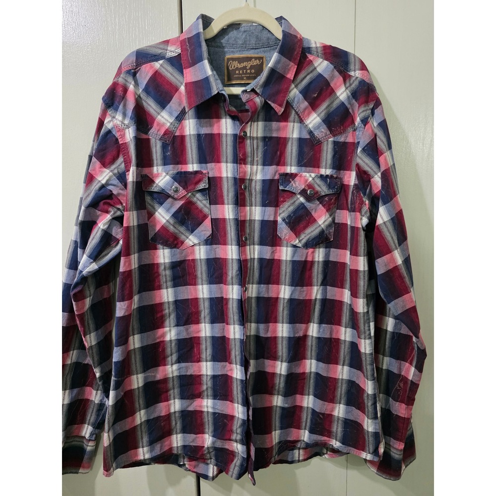Wrangler Retro Men XL Red Blue Plaid Western Snap Button Down Shirt cowboy rodeo - Picture 2 of 8